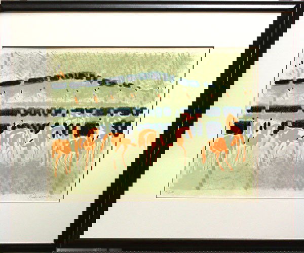 Print, Andre Brasilier: Framed color lithograph, Chevaux a Trevers les Arbres, by Andre Brasilier, pencil signed lower right, ed #73/100, overall: 32''h x 38''w