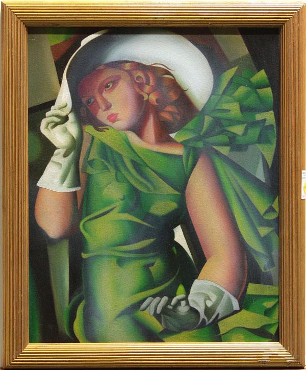Oil on canvas, after Tamara de Lempica: Framed oil on canvas, Woman in a Green Dress, unsigned after Tamara de Lempicka, overall: 22.75''h x 18.75''w