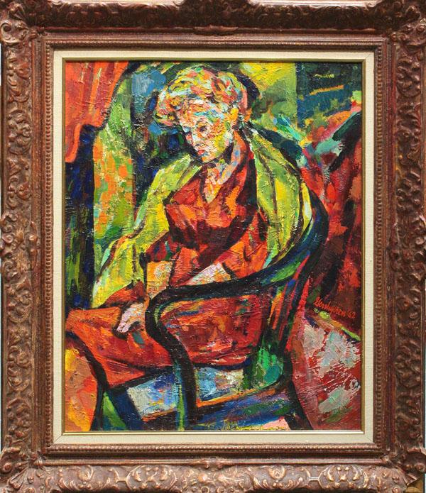 Framed oil on canvas, Milton Gershgoren: Framed oil on canvas, Portrait of a Woman, 1962, by Milton Gershgoren (American 1909 - 1989), signed and dated lower left, overall 39.75'' x 35''