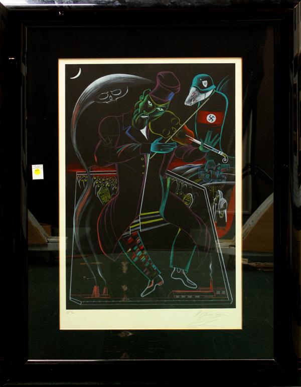 Print, Mihail Chemiakin: Framed lithograph, Fiddler on the Roof, by Mikhail Chemiakin (Russian, b. 1943), signed lower right, AP 13/60, overall: 46''h x 36''w