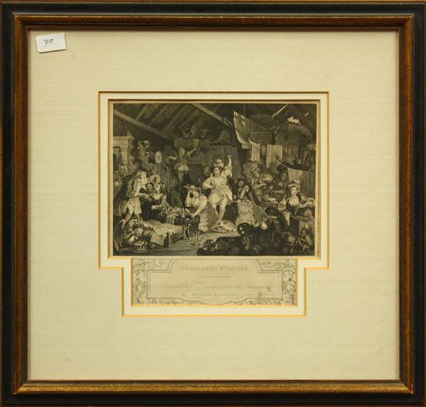 etching, after William Hogarth, Strolling Players: Framed etching, ''Strolling Players, Rehearsing in the Barn'', after William Hogarth (British, 1697-1764), published by G. Prestbury, sight: 6.5''h x 6.5''w, overall: 12.5''h x 13''w