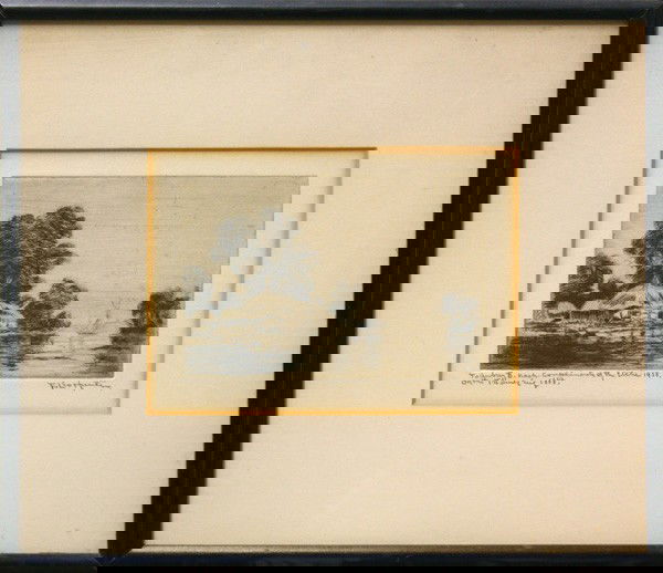 Etchings, Leo Hunter: (lot of 3) Framed etchings by F.(Frederick) Leo Hunter (American, 1858-1943), including; ''Old Dyckman House, NY'', ''Clipper Ship Flying Cloud'', and Lakeside Cabin, each signed lower right, largest