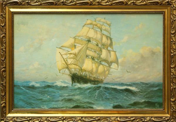 Print, Ship Under Sail: (lot of 2) Framed prints, Ship Under Sail, signed on print ''Milo'' lower right, overall: 21''h x 30''w, The second signed Alex Peckham