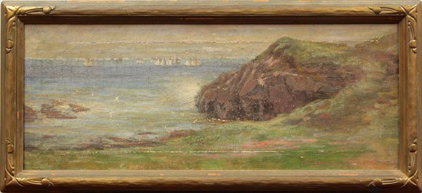 Painting, Ammi Merchant Farnham, Seascape: Framed oil on canvas, Seascape with Distant Boats, by Ammi Merchant Farnham (Californian, 1845-1922), signed ''AM Farnham'' lower right, sight: 11.5''h x 29.5''w, overall: 15''h x 33''w