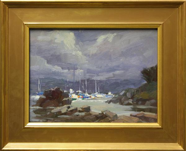 Paintings, Barry J. Raybould: (lot of 2) Framed oils on board, by Barry J. Raybould (Californian, b.1946), "Monterey Bay Clouds", initialed "BJR" lower right, title label affixed verso, overall: 14.25"h x 17.25"w; together with "S