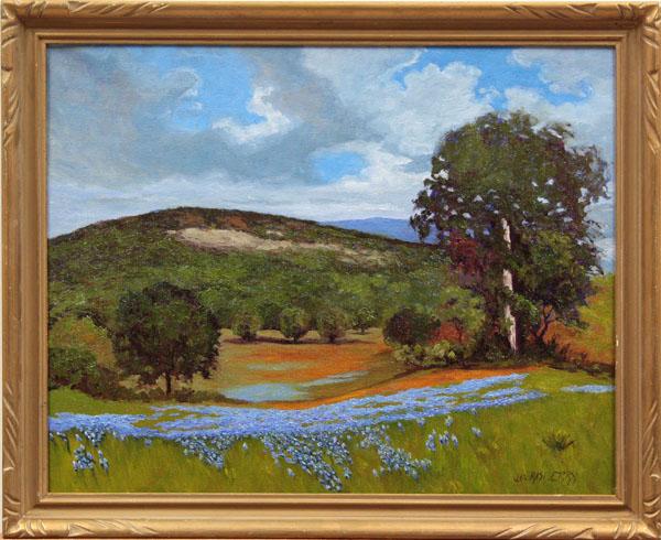 Painting, Jesse Rasberry, Poppies and Lupine: Framed oil on canvas, "Poppies and Lupine Under a Spring Sky", by Jesse Rasberry (Californian, Contemporary), signed lower right, sight: 18"h x 20"w, overall: 19"h x 23"w