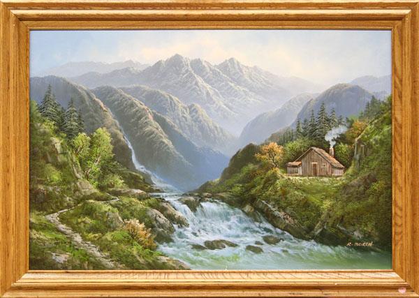 Painting, Landscape with a Cabin Near a Waterfall: Framed oil on canvas, Landscape with a Cabin near a Waterfall, signed ''R. Boren'' lower right, overall: 29.5''h x 42''w