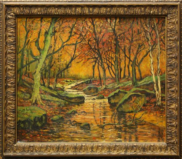 Painting, style of Thomas G. Moses, Autumn Creek: Framed oil on canvas, Autumn Creek, in the style of Thomas Gibbs Moses (Californian, 1856-1934) bears signature ''Th. Moses'' lower right, overall: 25.25''h x 29''w