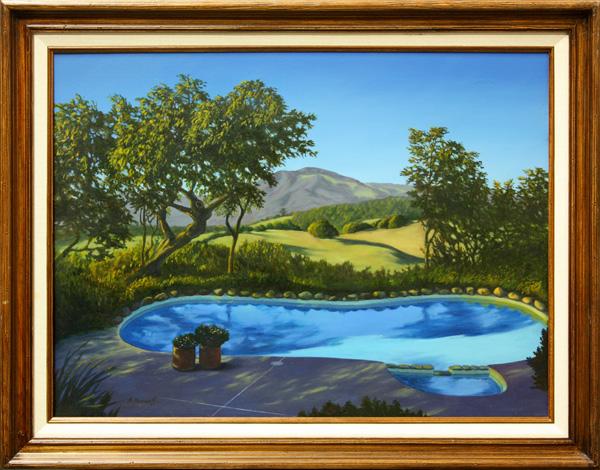 Painting, Charles Becker (A. Sharaeff): Framed oil on canvas, ''View of the Hanson's Pool (Glen Ellen, CA)'', 1986, by Charles Becker/A. Sharaeff (Californian, Contemporary), signed ''A. Sharaeff'' lower left, sight: 18''h x 20''w, overall: