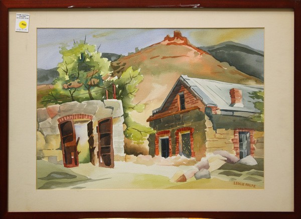 Watercolor, Leslie Rolfe, Gold Hill Bank: Framed watercolor, ''Gold Hill Bank (Gold Hill, Nevada)'', by Leslie Rolfe (American, 20th century), signed ''Leslie Rolfe'' lower right, title label affixed verso, overall: 21.25''h x 29.25''w