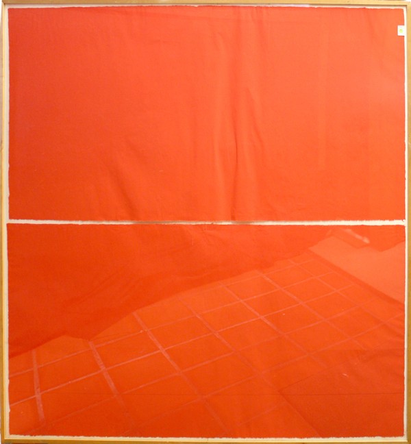 Dyed paper, Robert Petersen, Escort (Red): Dyed paper, ''Escort (Red),'' 1975-76, by Robert Petersen (American, b.1945), unsigned, gallery label affixed verso (Galerie Sonnabend, Geneva, Switzerland), sight: 76''h x 74''w, overall: 77.5''h x 7