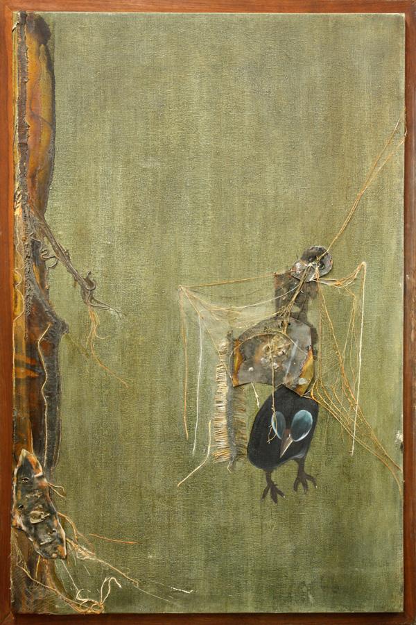 Painting, Lance Gates: Framed mixed media on canvas, ''Some of the Things a Bird Might Encounter on a Sunday Afternoon'', 1964, by Lance Gates, signed verso, overall: 60''h x 40''w