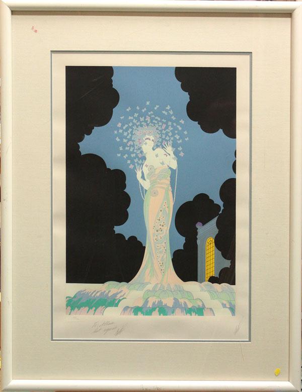 Serigraph, Fantasia, Erte: Framed color serigraph on paper, ''Fantasia'', by Erte, signed by the artist bottom right, inscribed ''To Alan, best regards, Erte'', edition 268/300, overall: 42''h x 31.5''w