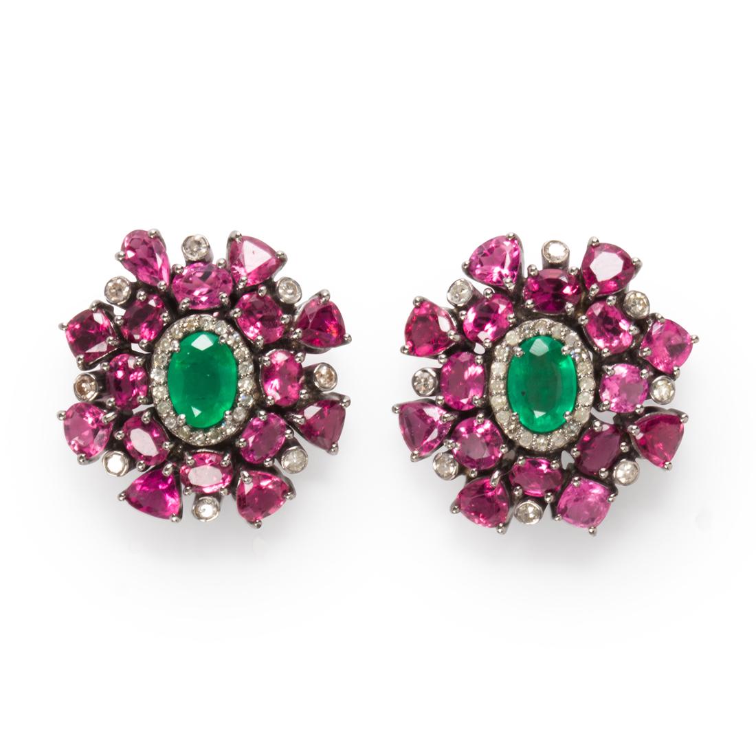 A pair of emerald, pink tourmaline and diamond earrings (1 of 1)