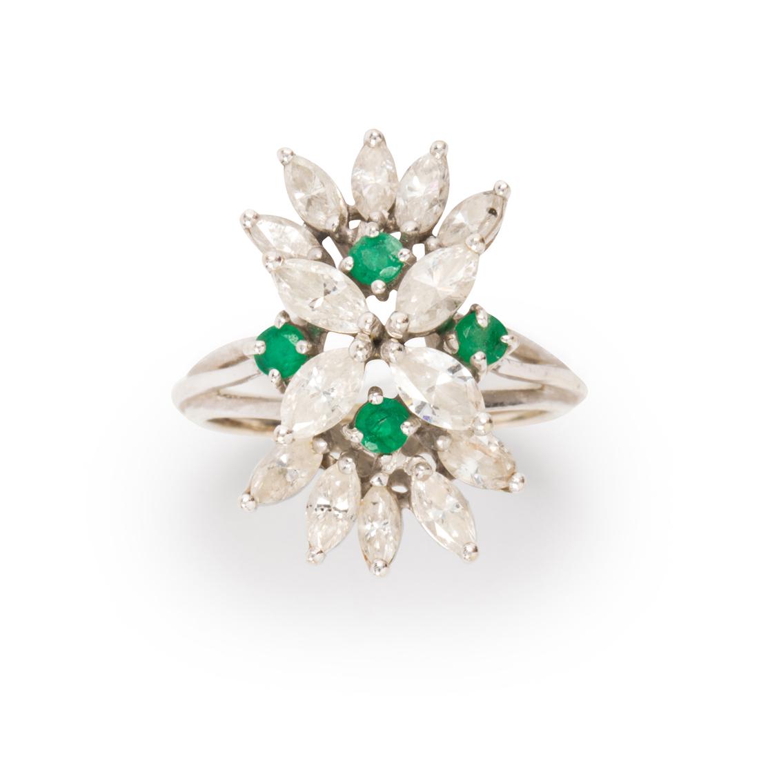A diamond, emerald and fourteen karat white gold ring (1 of 2)