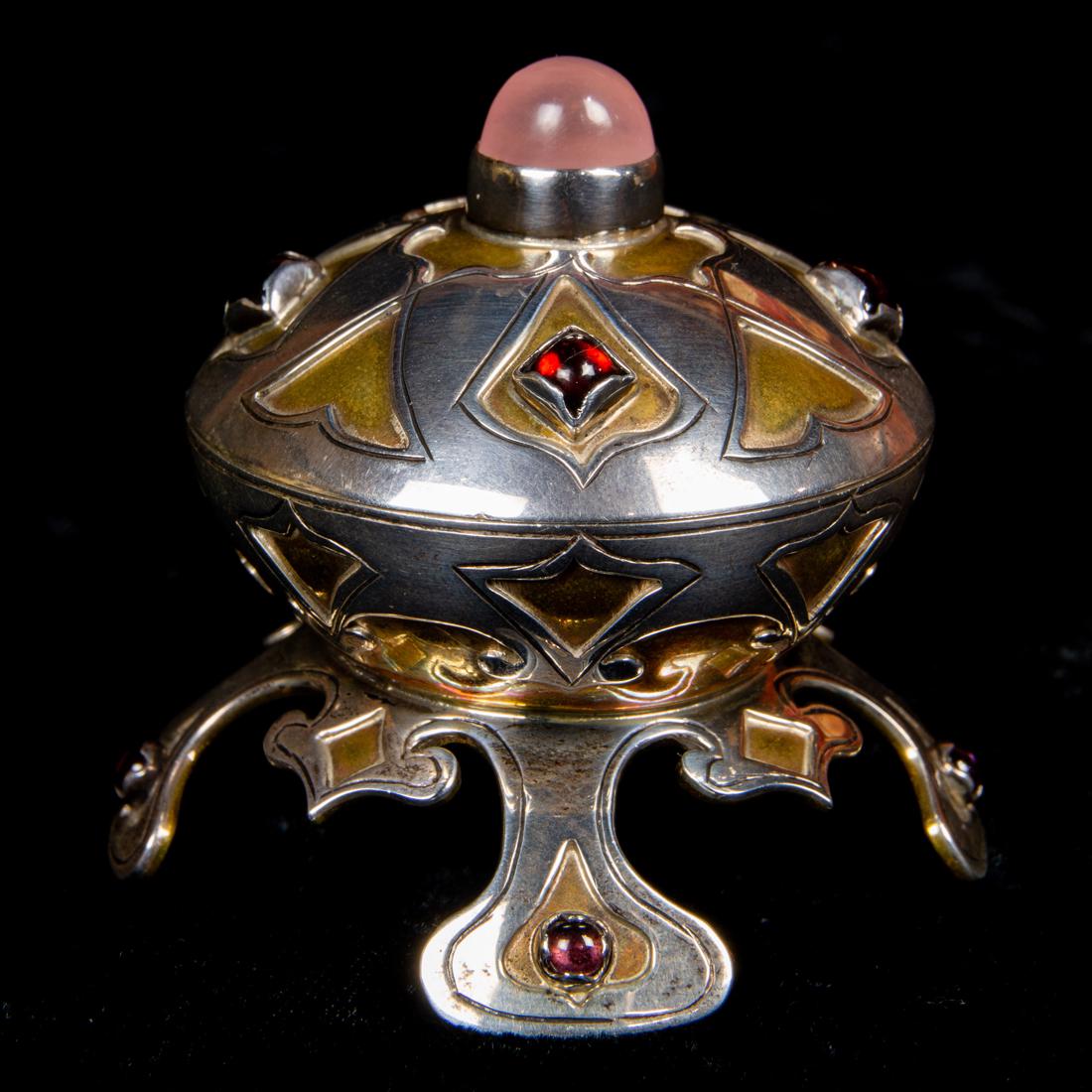 David Jurman Albion style gem stone inlaid silver gilt: David Jurman Albion style gem stone inlaid silver gilt covered bowl, marked with "Albion" plaque, no quality marks, but tests for silver, 2"h x 2.5"w, 2.4 toz