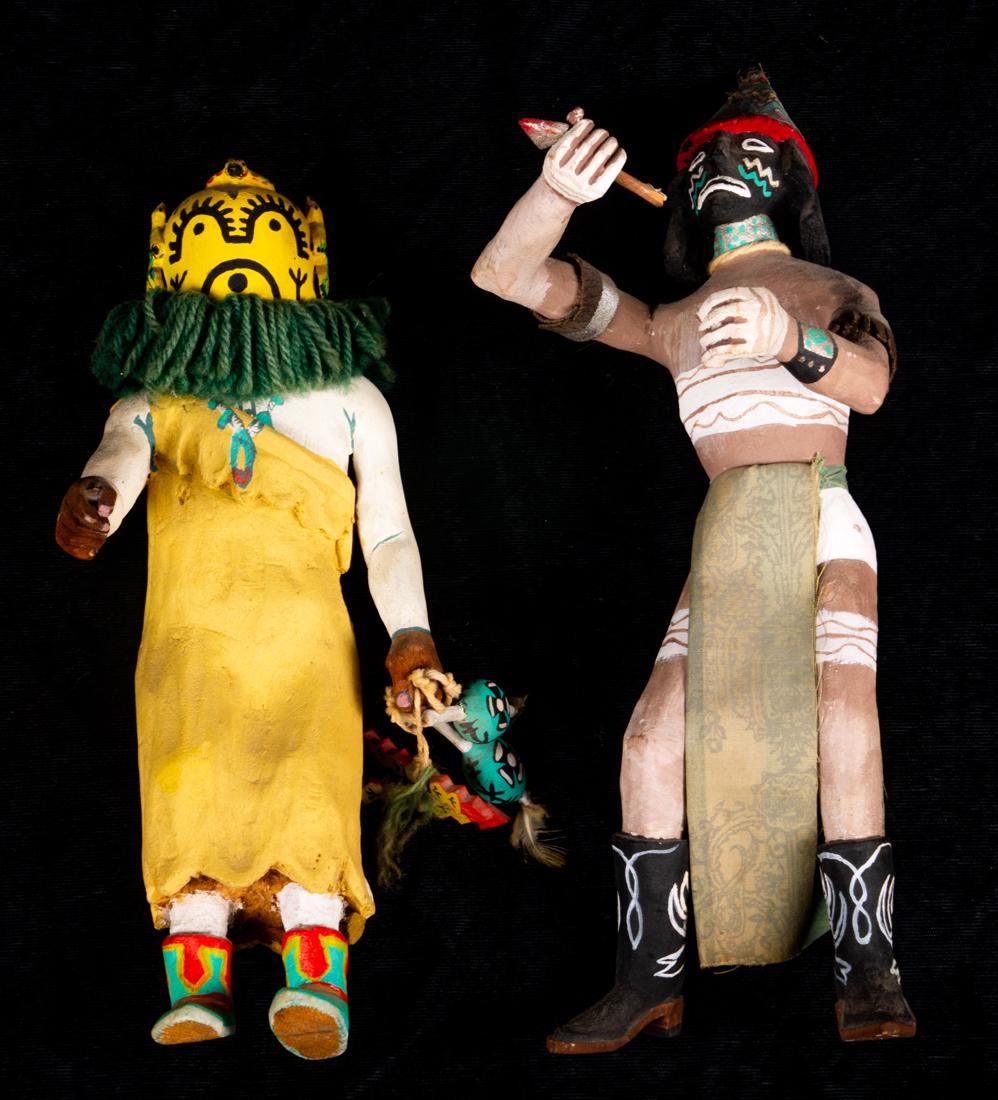 (Lot of 2) Hopi kachinas: the first, a katsina with: (Lot of 2) Hopi kachinas: the first, a katsina with cone hat and black cowboy boots; the second, a yellow Ogre with green yarn collar and holding rattles, 9.5"- 11"h