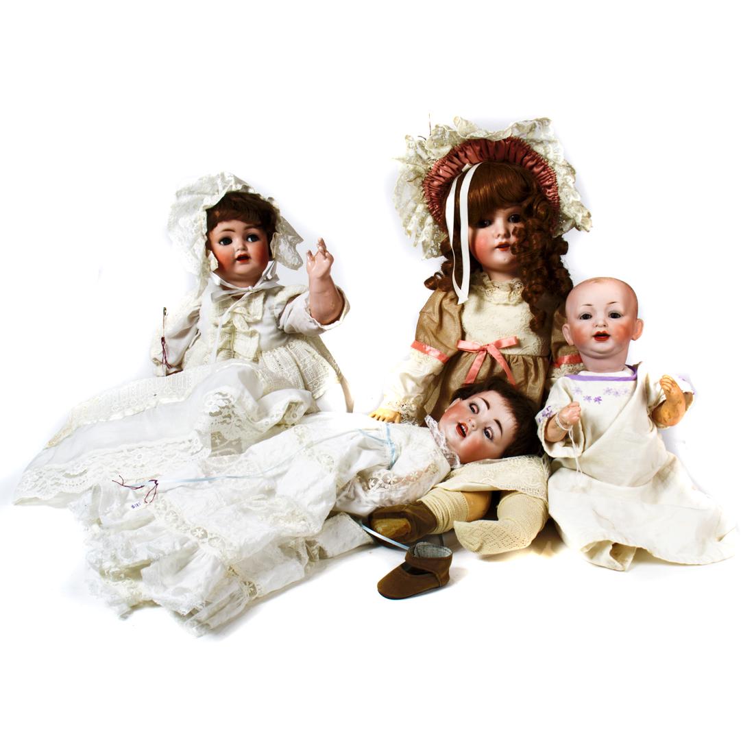(Lot of 4) German bisque lady dolls: Queen Louise doll: (Lot of 4) German bisque head lady dolls, including an Armand Marseille Queen Louise doll #100; a Simon & Halbig bisque socket head toddler #156; the third, a model 1078; a Kestner for Hertel & Schwab