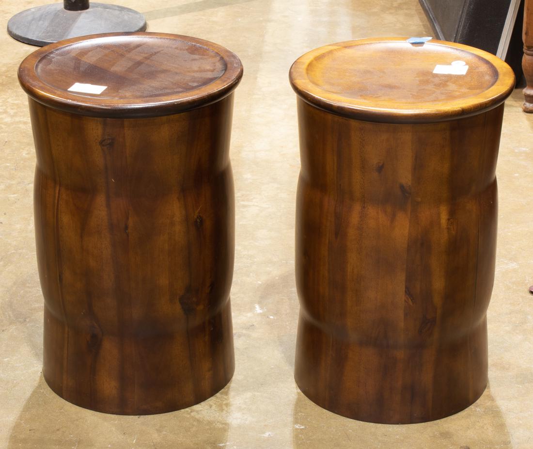 A pair of Primitive style drum form occasional tables: A pair of Primitive style drum form occasional tables, 18.5"h x 12"dia.