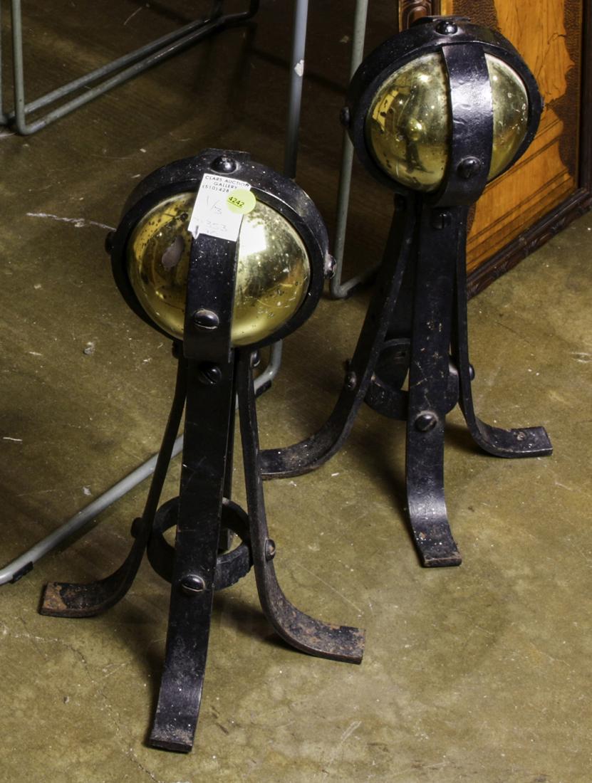 (lot of 3) Fireplace group: (lot of 3) Fireplace group, including a set of fireplace tools, and cast iron andirons, 17.5"h