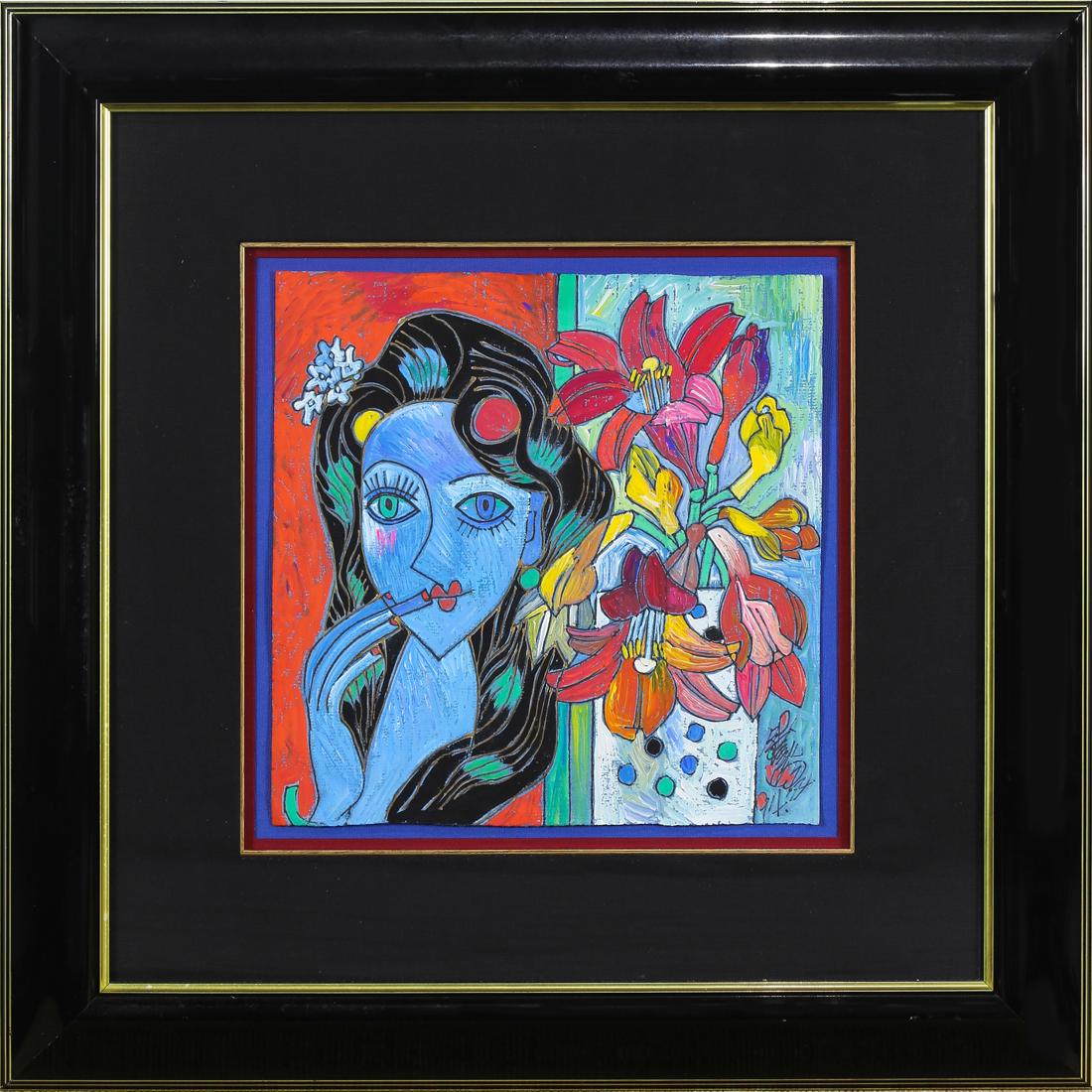 Painting, Woman with Flowers: American School (20th century), Woman with Flowers, oil on paper, signed indistinctly lower right, overall (with frame): 24"h x 24"w
