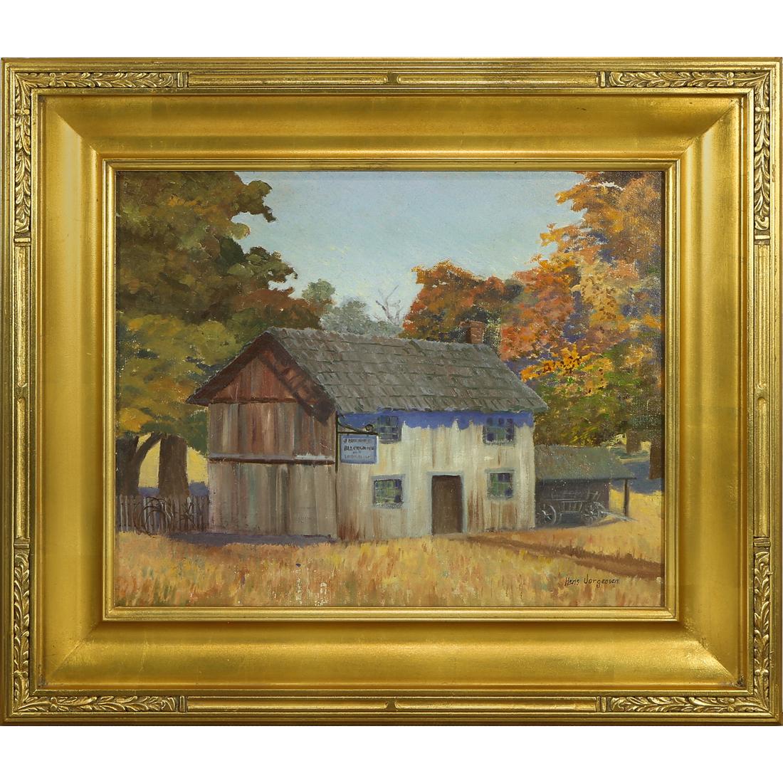 Painting, Hans Jorgensen: Hans Jorgensen (American, 20th century), Blacksmith Shop/Mountain Vista, oil on board (double-sided), signed lower right, board: 16"h x 20"w, overall (with frame): 23.5"h x 27.5"w. Provenance: From th