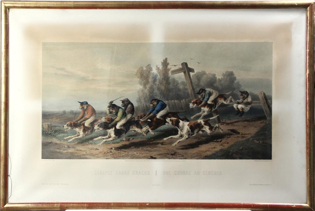 Print, After Hippolyte d'Orschwiller: After Hippolyte d'Orschwiller (French, 1810-1868), "Steeple Chase Cracks, une Course au Clocher," lithograph in colors, titled lower center, published by W. Schaus, New York, sheet: 23"h x 35.75"w, ov