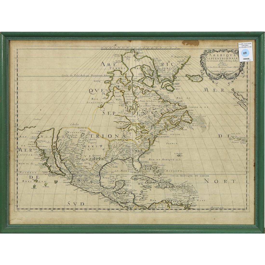 Map, Nicolas Sanson: Nicolas Sanson (French, 1600-1667), "Amerique Septentrionale, 1650," copper engraved map, published Chez l'Auteur et chez Pierre Mariette, Paris, 1650, possibly a later printing, overall (with frame):