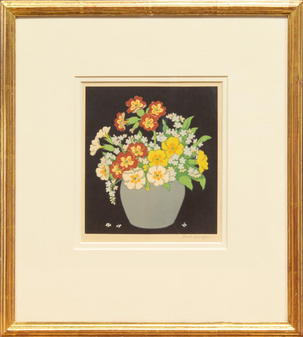 Print, John Hall Thorpe: John Hall Thorpe (Australian/British, 1874-1947), "Forget-Me-Nots," woodblock print in colors, pencil signed lower right, gallery label (Trotter Galleries, Carmel, CA) affixed verso, overall (with fra