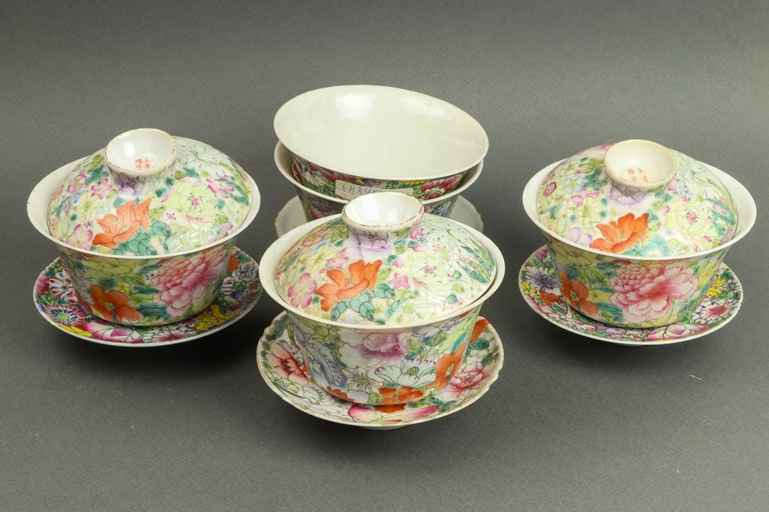 (lot of 6) Chinese famille rose wares: (lot of 6) Chinese famille rose wares, comprising three set of millefleurs tea bowls with lid and stand, two millefleurs cups, and one famille rose tea bowl stand, largest 4.125"dia.