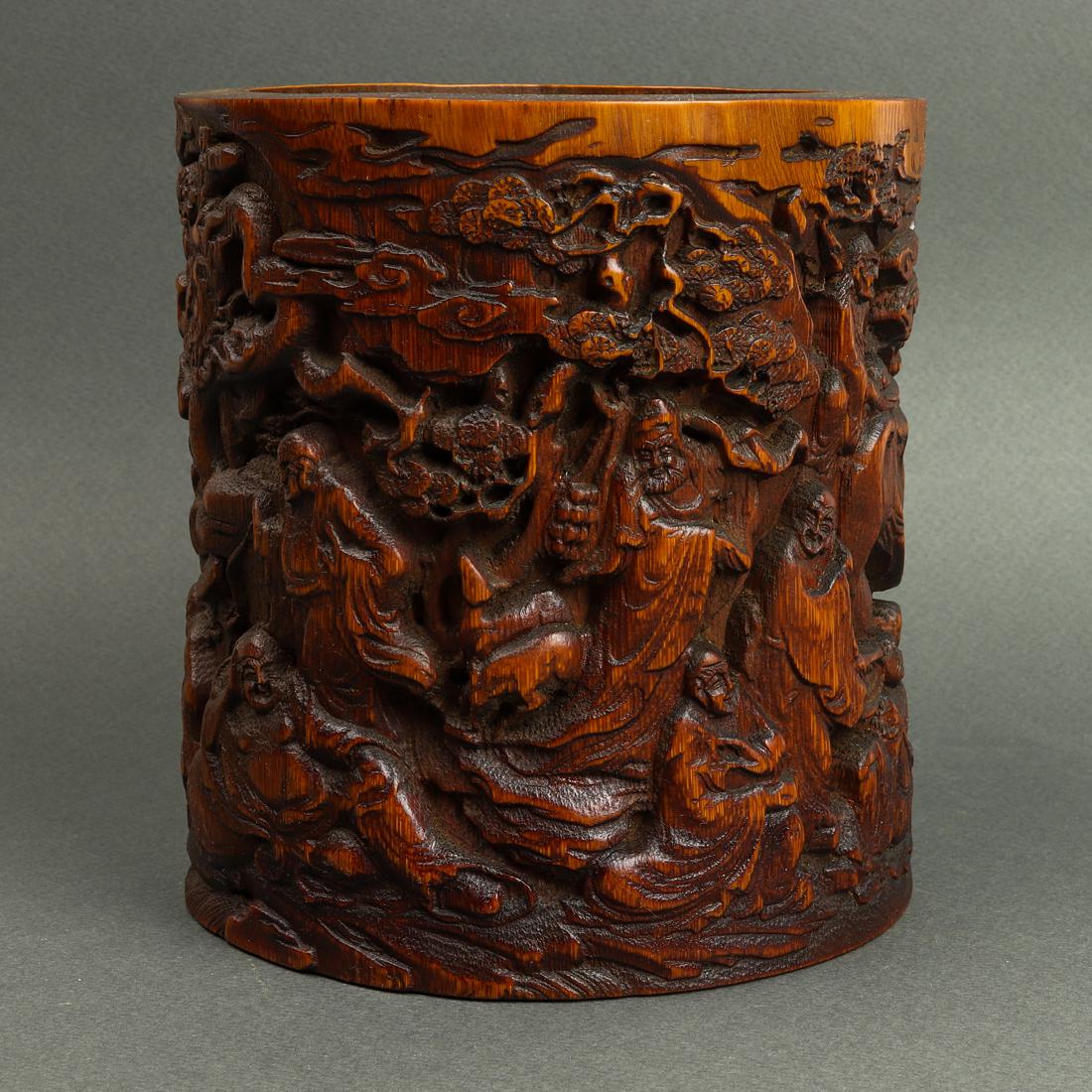 Chinese bamboo 'luohan' brush pot: Chinese bamboo 'luohan' brush pot, 5.625"h.