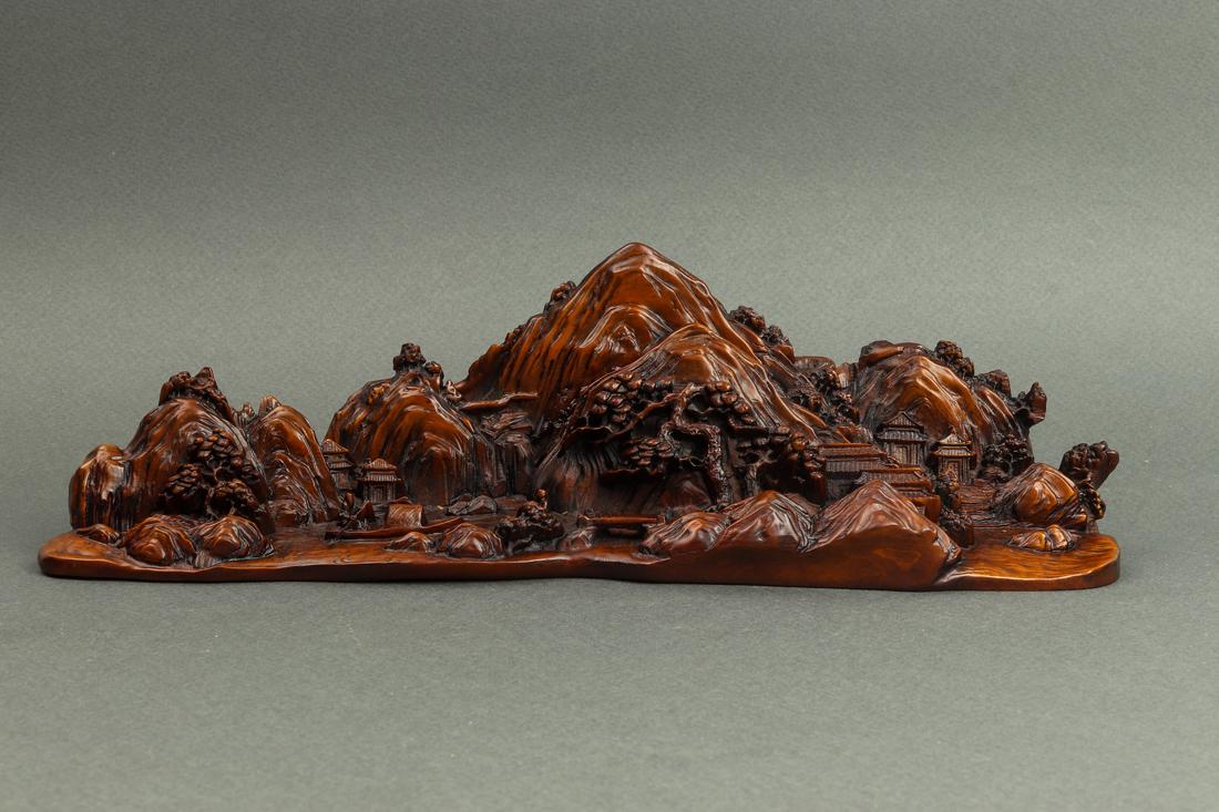 Chinese boxwood carving of landscape: Chinese boxwood carving of landscape, 10.5"w.