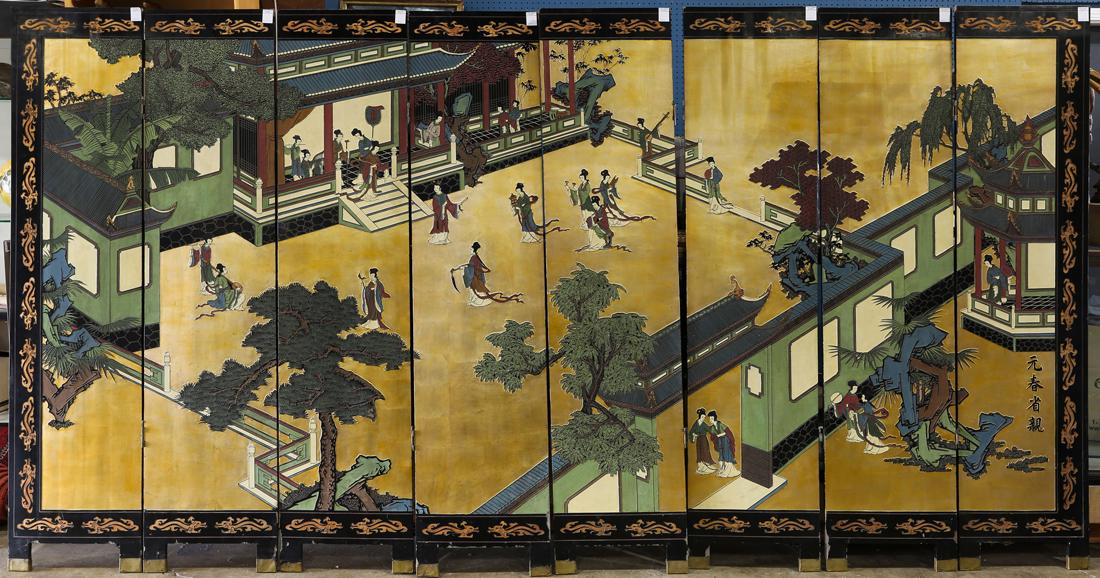Chinese eight-panel coromandel folding screen: Chinese eight-panel coromandel folding screen, 72" h. x 126" w.