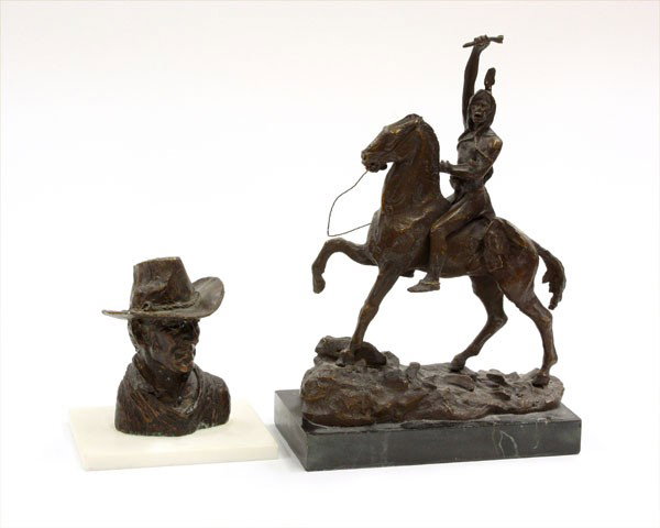 Pair of bronzes, after Remington: (lot of 2) bronze sculptures, Indian on a Horse and Bust of a Cowboy, after Frederic Remington (American, 1861-1909), bears signature on back, largest sculpture dimensions: 13.5''h x 9.25''w x 5''d
