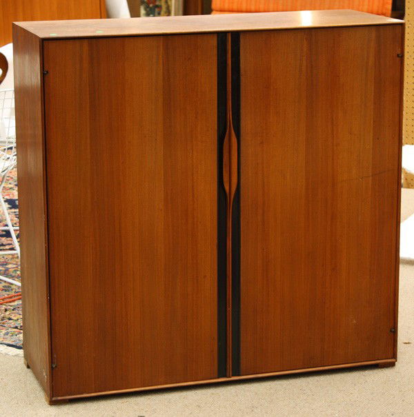 John Kapel for Glenn of California cupboard: John Kapel for Glenn of California, circa 1960, walnut storage cupboard, note: original markers mark on inside of drawer, 41''h x 42''w x 16''d