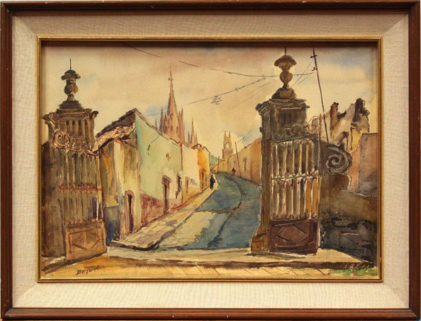 Watercolors, Ignacio Beteta, Quiet Street Scenes: (lot of 2) Pair of framed watercolors, Quiet Street Scenes, by Ignacio Manuel Beteta (Mexican, 1898-1988), each signed ''Beteta'' lower edge: sight: 12.75''h x 18.25''w, overall: 17.25''h x 22.5''w; s
