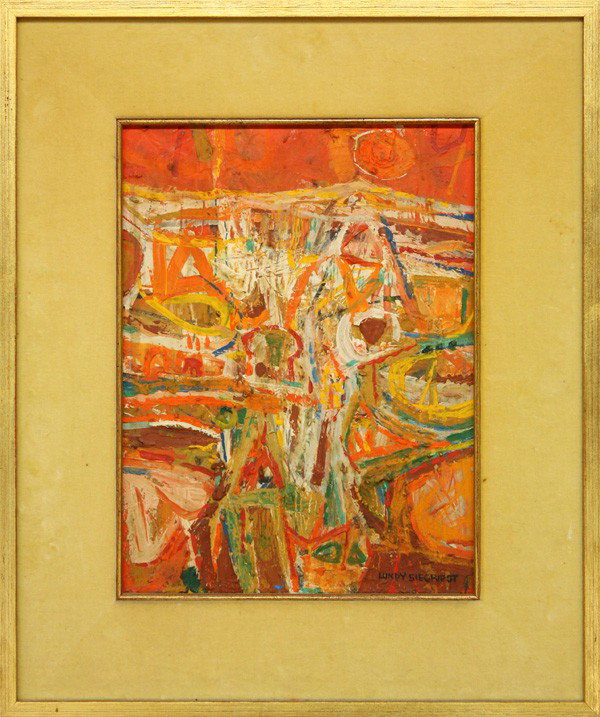 Painting, Lundy Siegriest, Californian: Framed oil on board, Orange Abstract, by Lundy Siegriest, signed ''Lundy Siegriest'' lower right, Siegriest family article affixed verso, sight: 12''h x 9''w, overall: 18.5''h x 15.5''w