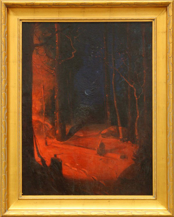 Painting, Svend Svendsen: Framed oil on canvas, Nocturnal Forest, by Svend Rasmussen Svendsen (Norwegian/American, 1864 - 1945), signed ''Svend Svendsen'' lower right, sight: 32''h x 23.75''w, overall: 39.5''h x 32''w