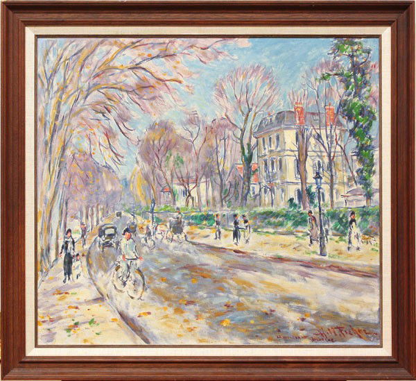 Painting, Hugo Melville Fisher, Boulogne: Framed oil on board, ''Le Boulevard Boulogne,'' by Hugo Melville Fisher (Californian, 1878-1946), signed and titled ''H.M. Fisher, Le Boulevard Boulogne'' lower right, sight: 26''h x 29''w, overall: 3