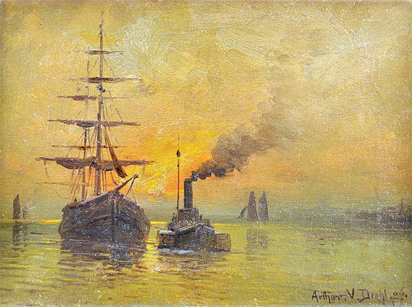 Painting, Arthur V. Diehl, Harbor Scene: Framed oil on canvas, Harbor Scene with Sailing Ship and Tugboat, by Arthur Vidal Diehl (American, 1870-1929), signed ''A. V. Diehl'' lower right, sight: 7.5''h x 5.5''w, overall: 12''h x 10''w