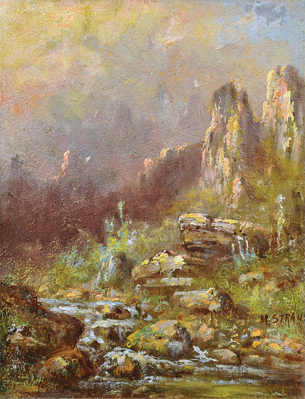 Painting, Meyer Straus, Gunnison, Colorado: Framed oil on board, ''A Tribute to the Gunnison (Colorado)'', Meyer Straus (Californian, 1831-1905), signed ''M. Strauss'' lower right, sight: 9.25''h x 7.25''; overall: 18''h x 16''w