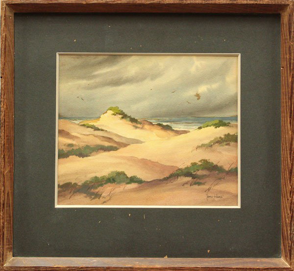 Watercolor, John Hare: Framed watercolor, Monterey Dunes, by John Hare (American, 1909-1978), signed ''John Hare'' lower right, Braxton Art Co., New York label affixed verso, sight: 10''h x 12''w, overall: 17.5''h x 19.25''