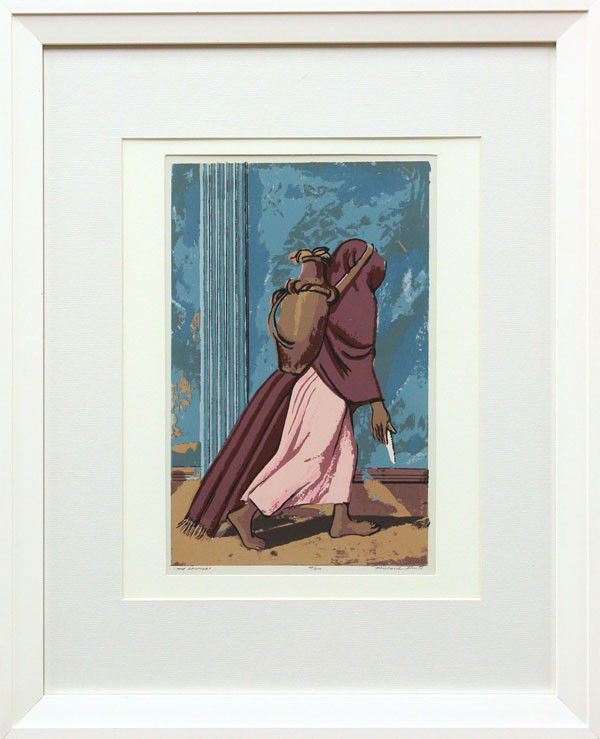Lithograph, the spinner, millard sheets: Framed color lithograph, ''The Spinner'', signed ''Millard Sheets'' lower right, edition numbered 48/270 lower center, sight: 12.5''h x 8''w, overall: 22''h x 18''w