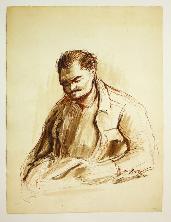 Drawing, John Groth, Ernest Hemingway: Unframed watercolor and ink drawing, Ernest Hemingway, by John August Groth (American, 1908-1988)signed ''John Groth'' lower right, overall: 25.5''h x 19.5''w