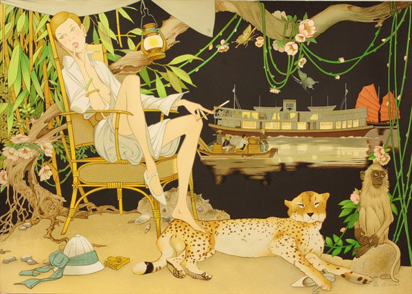 Lithograph, Philippe Noyer: Unframed color lithograph, Woman with a Leopard in Hong Kong Harbor, by Philippe Henri Noyer (French 1917-1985), signed in pencil ''P. H. Noyer'' lower right, edition 10/200, overall: 28''h x 41''w