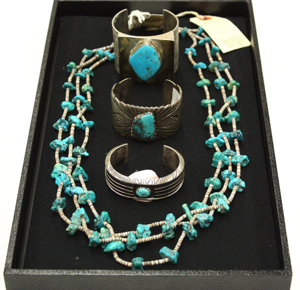 Native American Jewelry: (lot of 4) Native American jewelry items, including; three silver and turquoise cuff bracelets in graduated sizes, each with different artist monograms, together with a turquoise and shell bead neckla