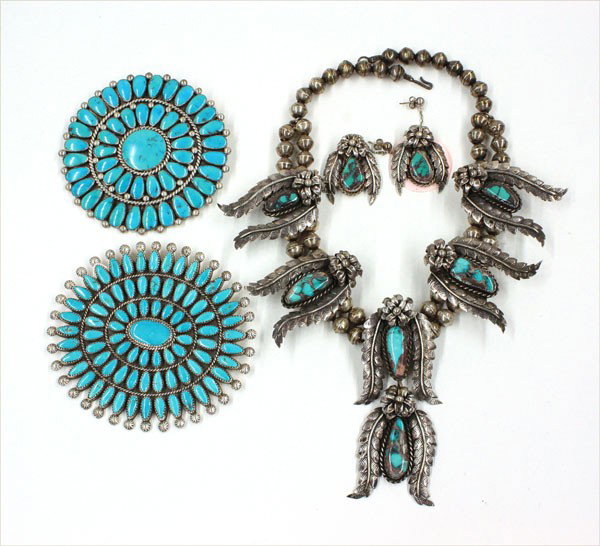 Native American jewelry: (lot of 5) Native American jewelry items, including; sterling and turquoise necklace and earring set, inscribed back of necklace ''hand made by R. Earl Church'', together with two sterling and turquoi