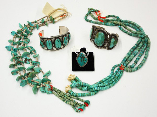 Native American Jewelry: (lot of 5) Native American Jewelry items, including; two turquoise, shell and red coral bead necklaces, two silver cuff bracelets with turquoise inset stones one monogramed TRB, and one silver and tur