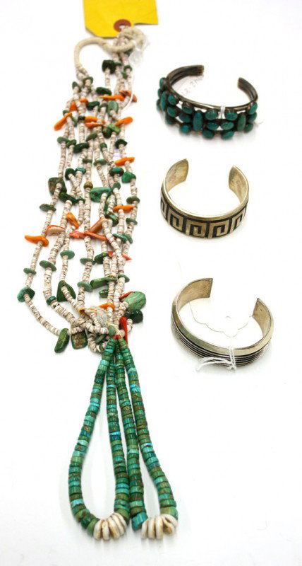 Native American Jewelry: (Lot of 4) Native American jewelry items, including; a turquoise,shell and coral bead necklace, together with two silver cuff bracelets, one monogrammed TY, and a silver and turquoise cuff bracelet