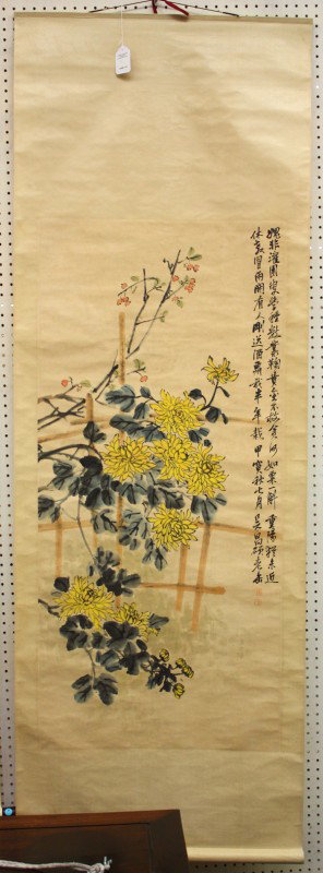 Chinese Scroll,Wu Changshuo (after), Flower: Chinese hanging scroll, Chrysanthemums, after Wu Changshuo (1844-1927), ink and color on paper, right inscribed with colophon, cyclical date 'jiayin' autumn seventh month, bears signature 'Wu Changshu